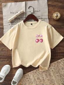 Tween Girl Creative Bow & Cherry Print T-Shirt, Soft & Comfortable Fabric, Suitable For Girls' Outdoor Sports, Daily Wear, Street & Campus Style, Fashionable Spring/Summer Casual Versatile Top - Apricot - View 7