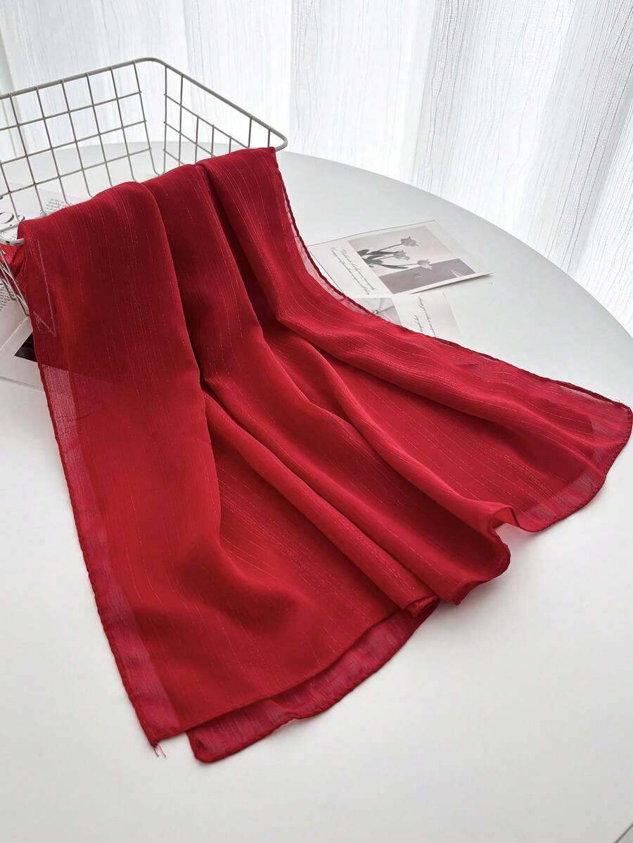 1pc Pleated Satin Headscarf, Suitable For Women's Daily Outfit Matching - Red - View 1