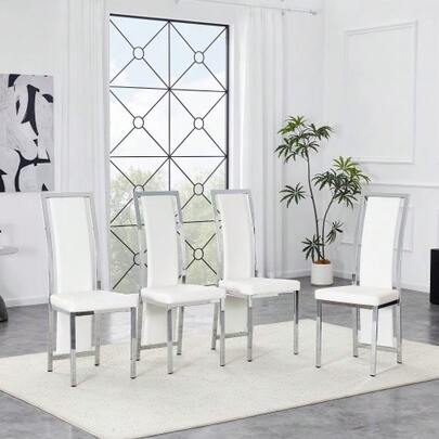 Set Of 4 Minimalist European Dining Chairs With Silver Finishes. White PU Leather Upholstery And Silver Metal Frame. Height: 109 Cm. Suitable For A Variety Of Uses, Including Dining Rooms And Offices.