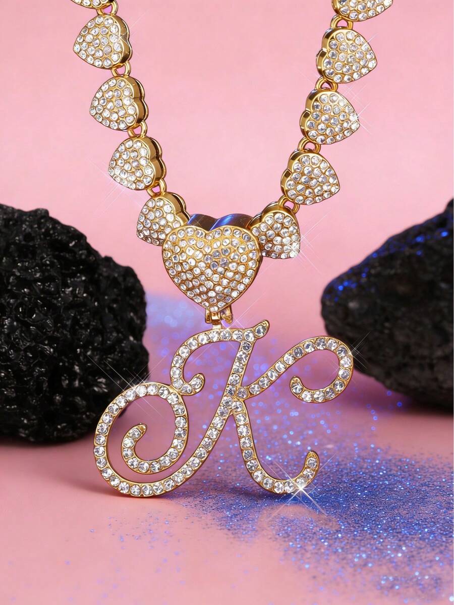 字母吊坠项链 迈阿密链条项链 女士嘻哈镶钻字母吊坠项链 珠宝礼物 - 愛心字母項鍊 - 查看 1