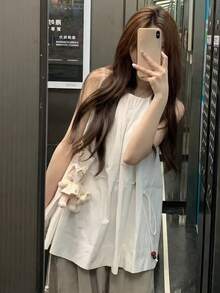 [Y6Y] 女士夏季无袖背心，圆领腰部串珠抽绳设计，适合温柔风格 白色 - 白色 - 查看 3