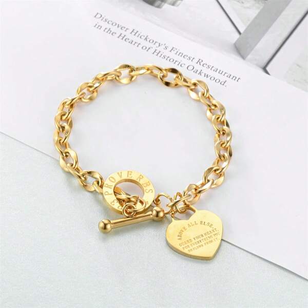 1pc Stainless Steel Heart Engraved Titanium Chain Bracelet For Women, With T-Clasp Closure, Suitable For Daily Wear And As Gift For Dates