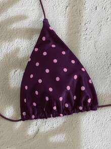 Bộ bikini không tay dây chéo họa tiết chấm bi mềm mại mới của PEPPERMOLLY, bikini thời trang mùa hè thanh lịch dành cho nữ đi biển. - Màu tím đậm - Xem 4