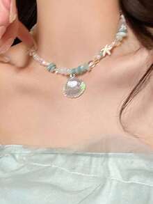 1pc Dopamine Necklace With Ocean Blue Seashell, Starfish, Pearl Beads, Random Beach Holiday Jewelry Gift For Women - 彩色貝殼項鍊 - 查看 2