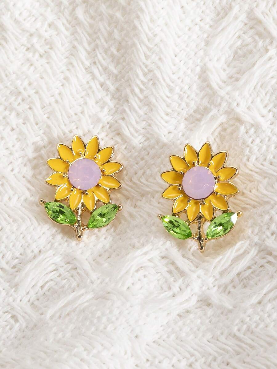 1 Pair Fashionable High-End Elegant Sweet Fresh Floral & Sunflower Stud Earrings, Suitable For Daily Wear And Vacation - Yellow - View 1