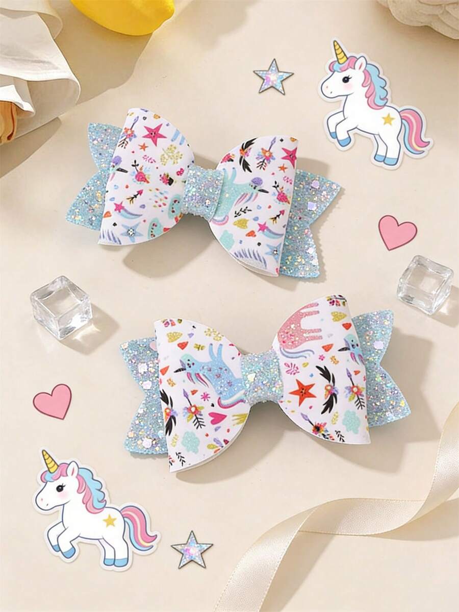 2 chiếc kẹp tóc nơ xinh xắn cho bé gái, có đính kim tuyến, thích hợp để sử dụng hàng ngày vào mùa xuân và mùa hè. - Nhiều màu - Xem 1