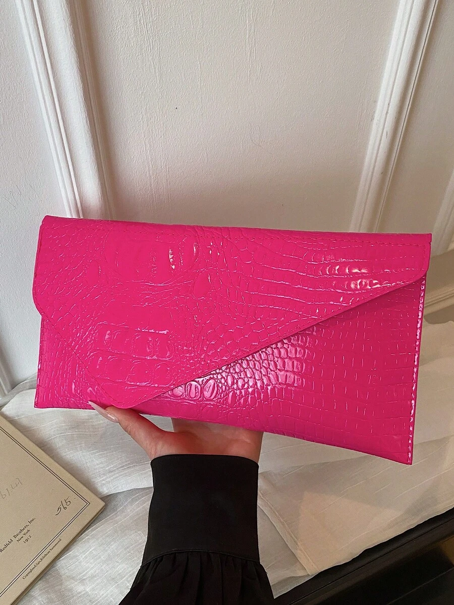 Fashionable Solid Color Elegant Crocodile Embossed Envelope Clutch Bag, Casual Versatile Handbag - Hot Pink - View 1