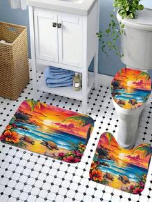 1/4 浴室帘套装,包含芙蓉花、贝壳、海龟、热带植物图案,海洋海岸蓝绿黄粉配色,可机洗夏季浴帘,配有 12 个挂钩、防滑浴室垫和 U 型马桶座套 - A - 查看 7