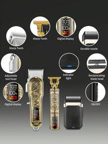 HIENA Máy cắt tóc chuyên nghiệp không dây khắc hình rồng với đầu điều chỉnh được, bộ máy tỉa tóc lưỡi chữ T có màn hình hiển thị kỹ thuật số. - Nhiều màu - Xem 6