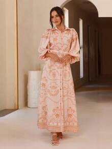 Women's Linen Loose Casual Belted Waist Puff Sleeve Dress - 粉色 - 查看 2