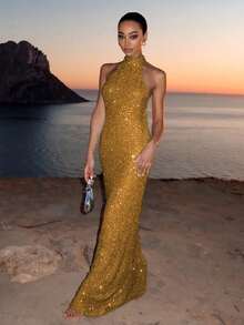 Elegant Sparkly Backless Dress For Women, Romantic Party, Wedding, Graduation, Formal Occasion Spring - Gold - View 5