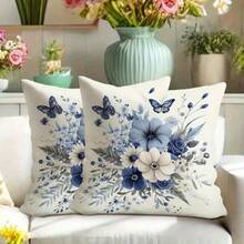 Bộ 2 gối trang trí một mặt in hình hoa và bướm màu xanh cổ điển, phong cách đồng quê mùa xuân, có khóa kéo, phù hợp cho ghế sofa và giường, kích thước 14x14 16x16 18x18 20x20 inch, dùng để trang trí sofa hoặc làm gối ngủ. - 2pcs - Xem 4
