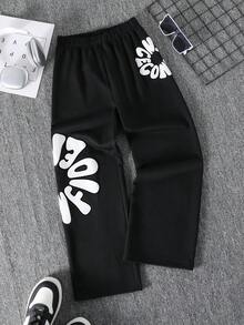 Casual Versatile Street Hip-Hop Style Foaming Letter Graphic Print Soft Comfortable Pants For Tween BoySpring/Summer/Autumn - Black - View 1