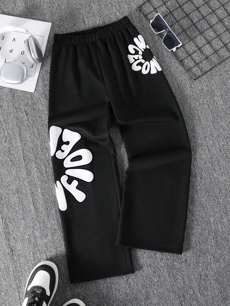 Casual Versatile Street Hip-Hop Style Foaming Letter Graphic Print Soft Comfortable Pants For Tween BoySpring/Summer/Autumn - Black - View 1