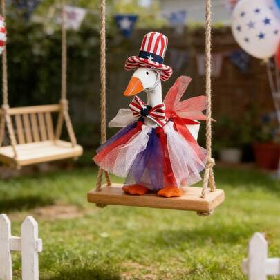 4th Of July Porch Goose Outfit, 23 High Lawn Goose Statue Patriotic Costume Clothing, Independence Day Porch Garden Geese Clothes With Hat Bow Tie For Outdoor Patio Yard Decoration