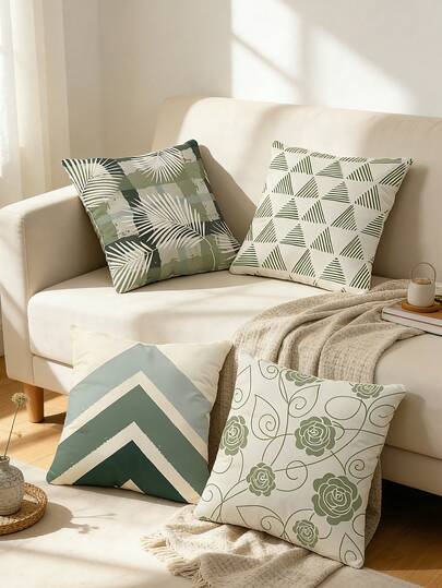 4件套花卉叶子格子条纹图案印花枕套（不含枕芯），家居装饰沙发靠垫套，卧室床头靠垫，汽车座椅靠垫，房间装饰