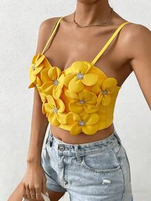 Women's 3D Handmade Fabric Flower Rhinestone Decor Camisole Bustier, Fitted Short Strapless Tank Top, Luxury Sweet Style, Suitable For Vacation, Photoshoot, Date, Evening Party, Versatile Wear, Shaping Top - Yellow - View 3