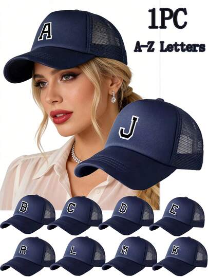 1顶女士个性化A-Z字母网眼棒球帽，轻便透气户外遮阳帽，可调节户外防晒帽，男女通用简约透气网眼帽，适合户外运动、街头服饰和日常穿着