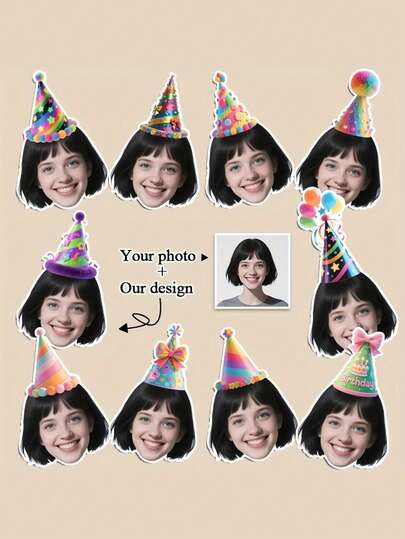 16pcs Personalized Photo Stickers, Birthday Stickers, Birthday Hat Stickers, Customized Stickers, DIY Birthday Gifts, Self-Adhesive Birthday Gifts, Funny Expression Design, Easy To Peel And Stick, Suitable For Birthday, Anniversary And Creative Decoration