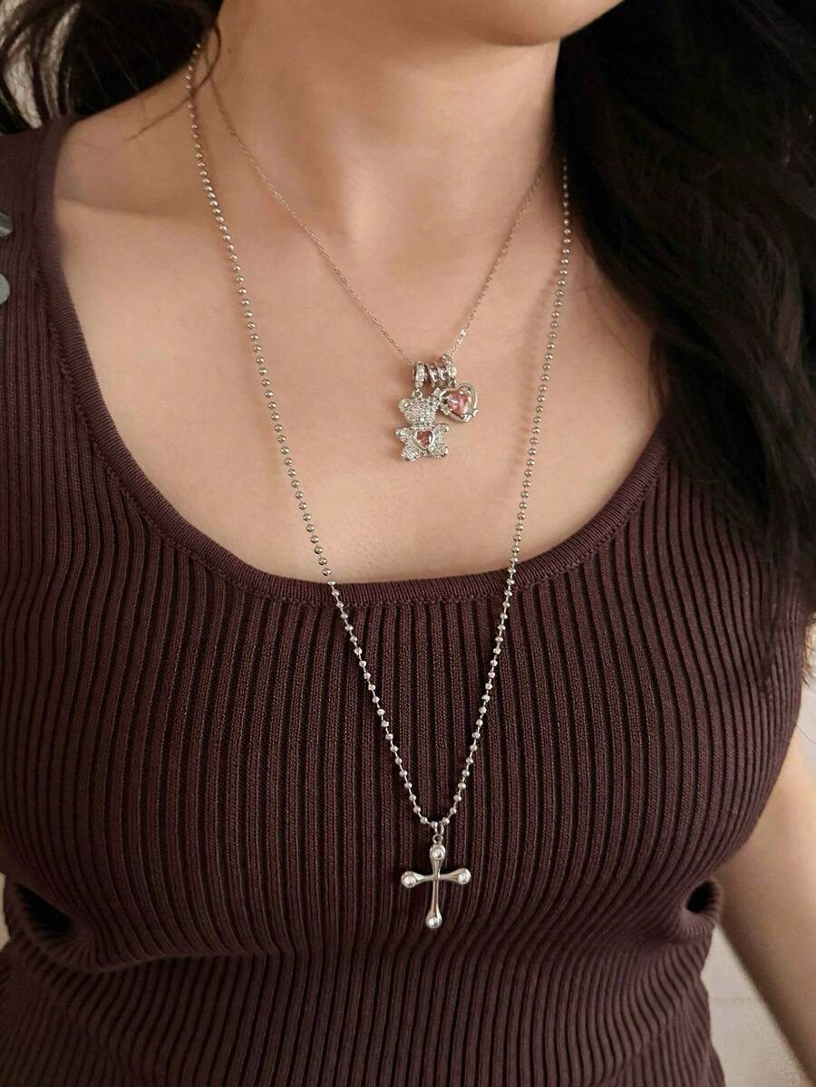1 chiếc dây chuyền mặt hình thánh giá mạ đồng zirconia hình học thời trang, đính đá zirconia siêu nhỏ, dành cho nữ - A - Xem 1