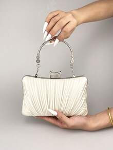 Pleated Satin Evening Clutch Ivory Rhinestone Clasp Formal Wedding Handbag With Decorative Handle - Apricot - View 7