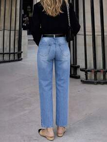 Women's Elastic Straight-Leg Jeans, High-Waisted Light Wash Loose Fit, Casual Streetwear Daily Wear Spring - Baby Blue - View 6