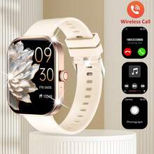 2.01英寸全触控硅胶表带智能手表，男女通用运动健身追踪器，拥有100多种运动模式、无线通话、遥控拍照、音乐控制、闹钟、天气预报、显示屏、180mAh电池——适合作为礼物送给男士、女士、朋友、爱人、家人 - 金色 - 查看 3