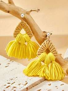 Tropical Geometric Tassel Earrings, Green Pendant Vacation Style Beach Side Face Flattering Bohemian Earrings, Perfect For Photo Shoots - Tassel Earrings - View 4