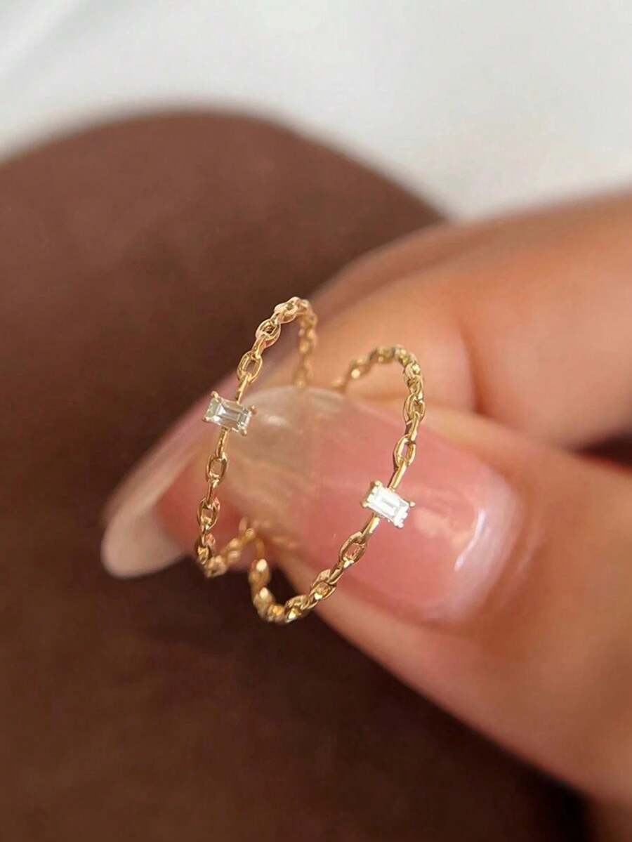 1枚S925纯银极简镂空链扣方形戒指，百搭时尚精致几何指节/中指戒指，女士款 - 方形 - 查看 1