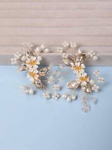 2pcs/Set Orange Flower Center Pearl Hair Clips, Hair Accessories - Gold - View 2