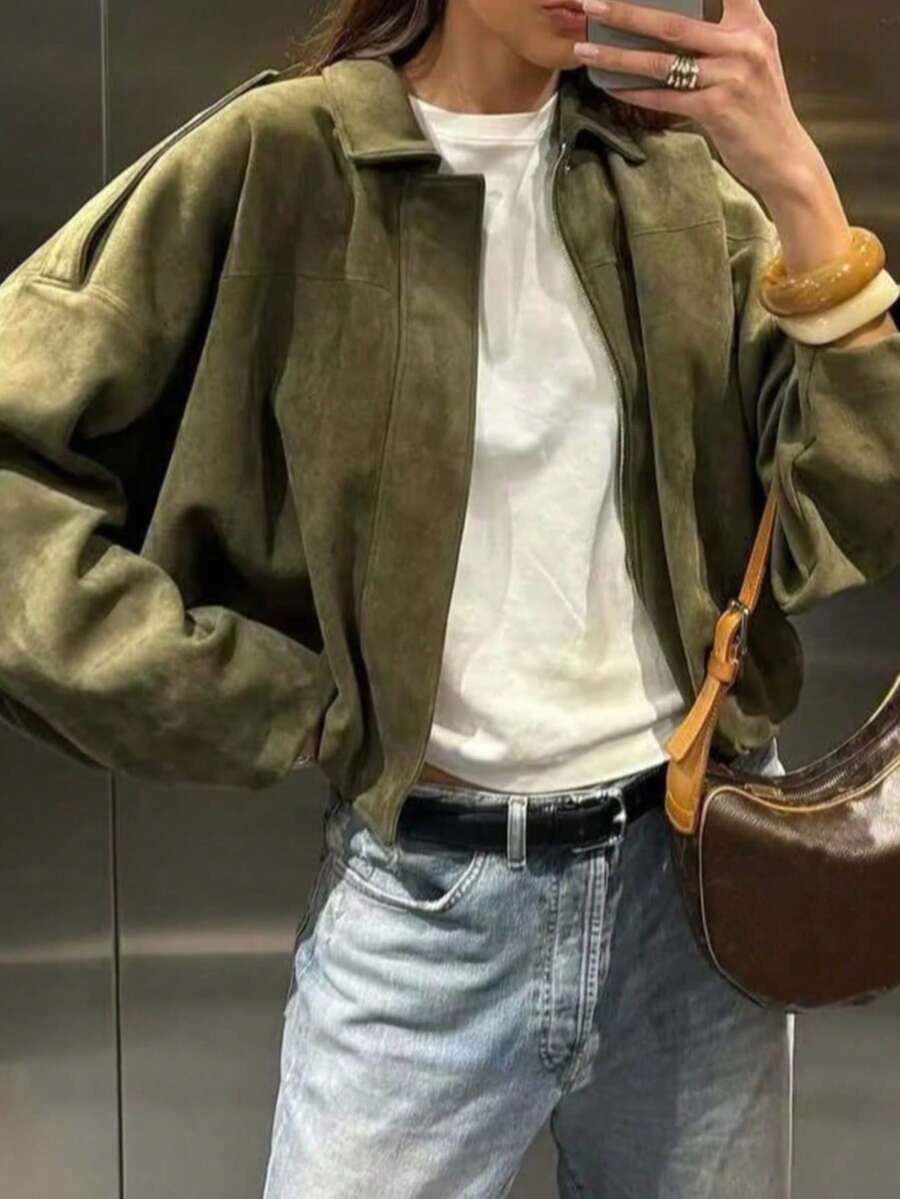 Seelio Spring/Autumn New Arrival Casual Versatile Suede-Like Green Jacket, Deer Skin Texture