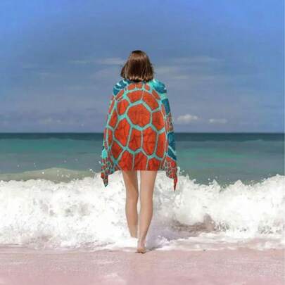 Khăn tắm in hình rùa biển với họa tiết sóng trừu tượng, thích hợp cho phòng tắm và spa.