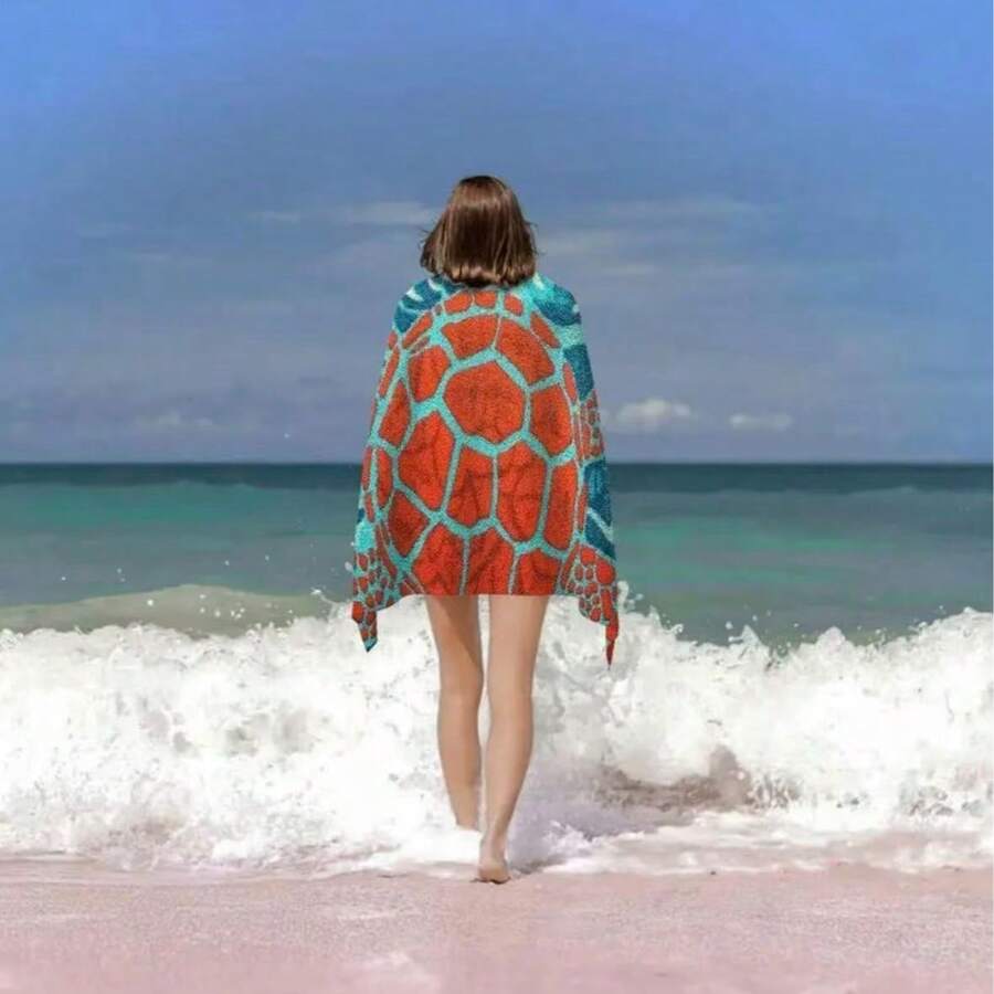 抽象波浪图案海龟印花浴巾，适用于浴室和水疗中心 - 1 - 查看 1