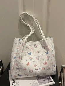1 chiếc túi xách tay tối giản, chất liệu nylon trắng, in hình bướm và hoa, quai buộc thắt nút, kiểu dáng thường ngày, thời trang và đa năng dành cho nữ, mẫu mới mùa xuân. - trắng - Xem 7