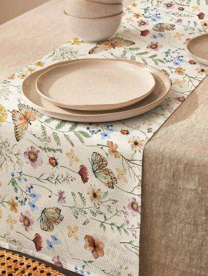 1 pieza Camino de mesa de lino con estampado floral e inspirado en la naturaleza con mariposas, adecuado para fiestas, cumpleaños, cenas, decoración de cocina y comedor, cubierta de aparador/gabinete, decoración textil para el hogar en todas las estaciones