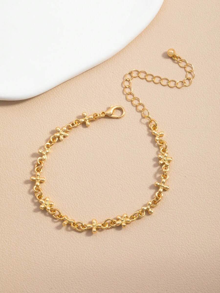 Pulsera con diseño de cruz y flor, joyería personalizada y exagerada de moda europea y americana - Dorado - Ver 1