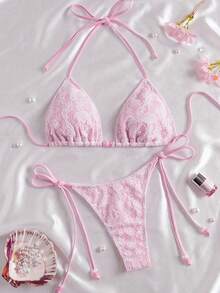 Sultry Sol Women's Elegant Sweet Pink Lace Halter Tie Bikini Set, Beaded Detail, Perfect For Summer Beach And Pool Party Vacation - Baby Pink - View 3