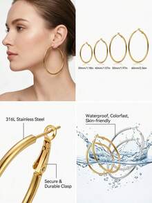 1对316L不锈钢2毫米粗圈耳环（30毫米/40毫米/50毫米/60毫米），防水不褪色金银色圆形耳环，低过敏性日常必备首饰/耳环，女士耳环，耳环，女士耳环 - 金黃色 - 查看 1
