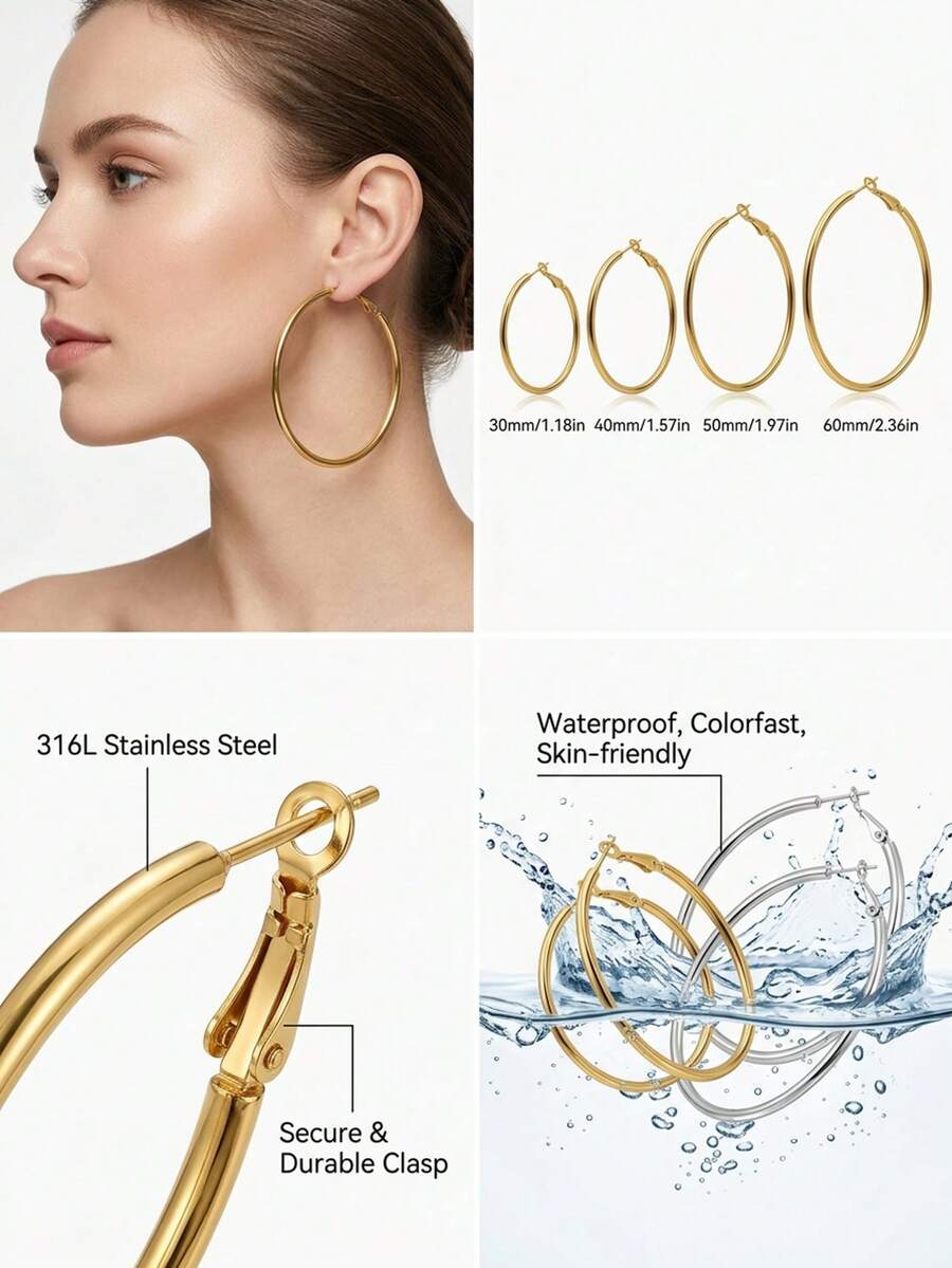 1对316L不锈钢2毫米粗圈耳环（30毫米/40毫米/50毫米/60毫米），防水不褪色金银色圆形耳环，低过敏性日常必备首饰/耳环，女士耳环，耳环，女士耳环 - 金黃色 - 查看 1