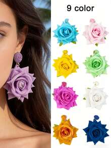 imoli 一对波西米亚风涤纶拉菲草3D玫瑰花耳环,小众礼物,适合女性海滩度假 - 彩色 - 查看 2