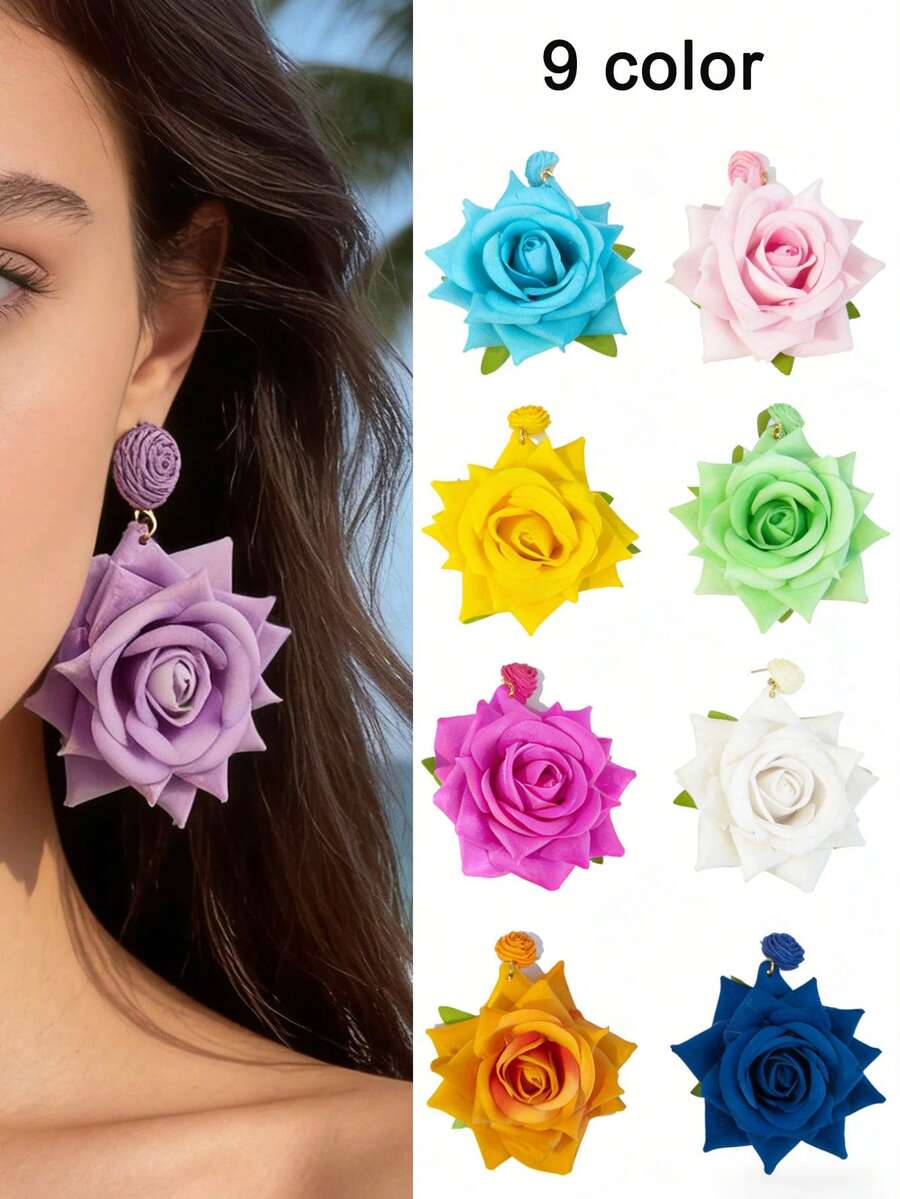 imoli 一对波西米亚风涤纶拉菲草3D玫瑰花耳环，小众礼物，适合女性海滩度假