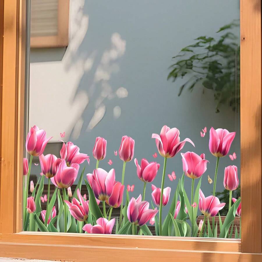 1pc 30x60cm Spring Turmeric Glass Sticker, Delicate Hand-Painted Floral & Butterfly Pattern, Pink & Green Color, Creates Fresh & Healing Home Decor - Multicolor - View 1