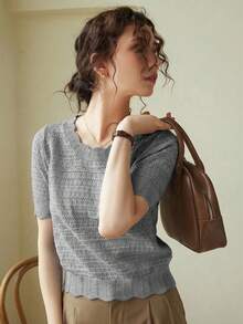 Knit Mix Áo sơ mi nữ thanh lịch, áo thun ngắn tay cổ tròn khoét lỗ, viền ren độc đáo, phù hợp với dáng người nhỏ nhắn, màu trơn, thích hợp mặc thường ngày/công sở, áo mùa xuân/hè, màu kem cổ điển tinh tế, trang phục đi học mùa xuân/hè, cũng thích hợp cho các ngày lễ như Giáng sinh, Lễ Tạ ơn và Năm mới. - Xám - Xem 6