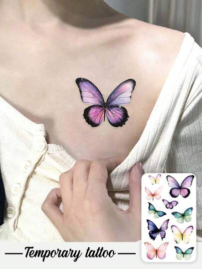 1张防水防汗可水洗不反光临时纹身贴纸，Y2K风格魅魔闪光彩色蝴蝶纹身，可贴于锁骨或手臂等部位，模拟纹身效果，适合音乐节、情人节、派对等场合，时尚人士适用，可持续3-5天。