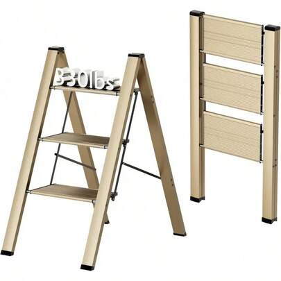 3-Step Folding Ladder Stool, Gold, Non-Slip Treads, Portable Home Kitchen, Holds 330 Lbs