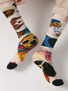 1 Pair 360° Printed Cartoon Puppy Pattern Crew Socks, Cute Dog Print Mid-Calf Socks, All-Season Unisex Comfort Casual Socks, Novelty Fun Pattern Socks - Multicolor - View 9