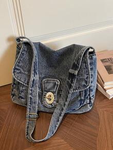 New Stylish And Soft Washed-Jeans-Inspired Shoulder Bag With A Flap Design; A Versatile, Roomy Crossbody Bag For Women With A Twist-Lock Closure, Perfect For Shopping And Commuting - 藍色 - 查看 2
