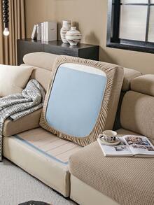 1件纯色毛绒沙发套，弹性包覆式设计，保暖舒适，简约ins风，宠物友好，防滑防污，弹力贴合沙发套，适用于客厅、卧室、书房，1-4人座带扶手靠背沙发。 - 卡其色 - 查看 8