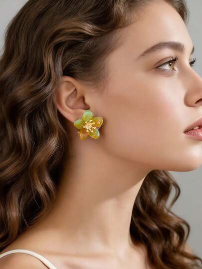 1 Pair Elegant Acrylic Flower Clip-On Earrings, Suitable For Holidays, Birthdays, Dates, Parties, Vacations, Daily Wear