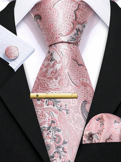 Juego de corbata rosa gris con estampado de cachemira para hombres - Pañuelo a juego, gemelos y pinza de corbata dorada, corbata formal romántica para bodas